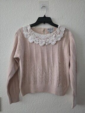 Vintage Lace Collar Silk Wool Knitted Sweater Pink L fits a Small